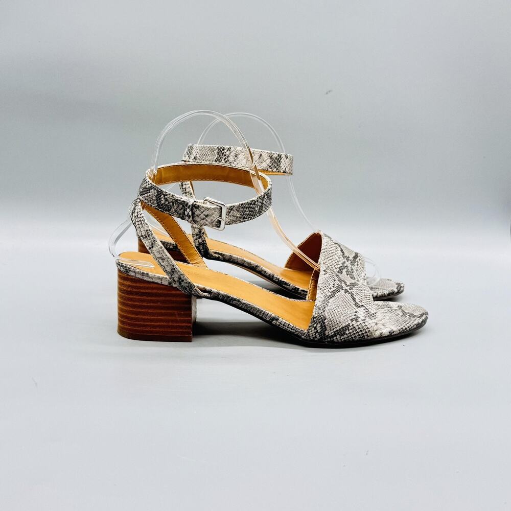 J Crew Sandals Womens 8 Gray Leather Snake Print Ankle Strap Block Heel Shoes